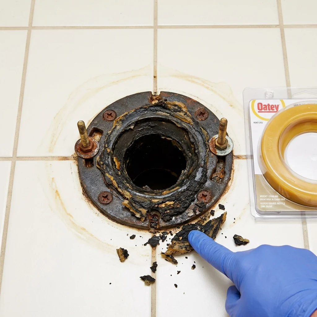 Failed wax ring showing water seepage at the base of a toilet in a Shelbyville, TN home