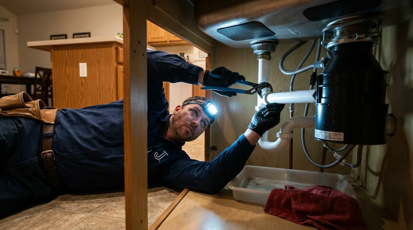 P-trap and supply line connections under a kitchen sink showing a common leak point in Shelbyville, TN